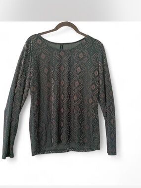 Green Sheer Aztec-Print Long Sleeve Top with muted gold print size L